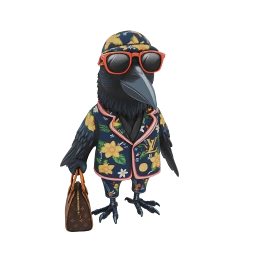 3D model of a black crow wearing a Hawaiian shirt, sunglasses, and a Louis Vuitton-style handbag, standing confidently.