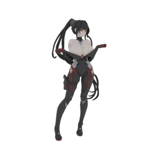 Modello 3D di una ragazza anime futuristica con coda di cavallo nera, indossa una tuta nera e rossa, con le braccia tese.