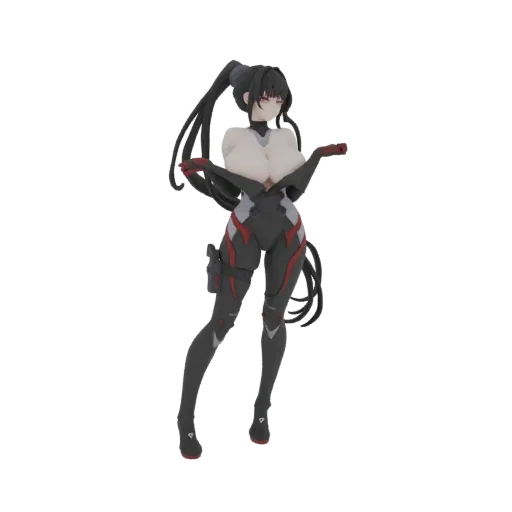3D model of a futuristic anime girl with a black ponytail, wearing a black and red suit, with arms outstretched.