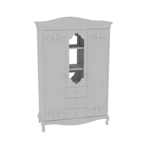 A 3D model of a white, ornate wardrobe with a central mirror, three drawers, and decorative carvings, set against a white bac