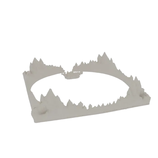 Rendering 3D di un anello di terreno circolare frastagliato con cime montuose, visto da una leggera angolazione.