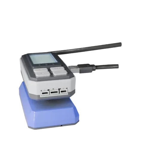 Ergonomic USB Hub Low Poly 3D model, game viewport three-quarter view, showing plastic shells, desktop scale.