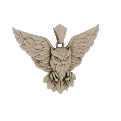 Modelo 3D de un colgante de búho majestuoso con alas extendidas, plumas detalladas y ojos intensos, renderizado en un materia