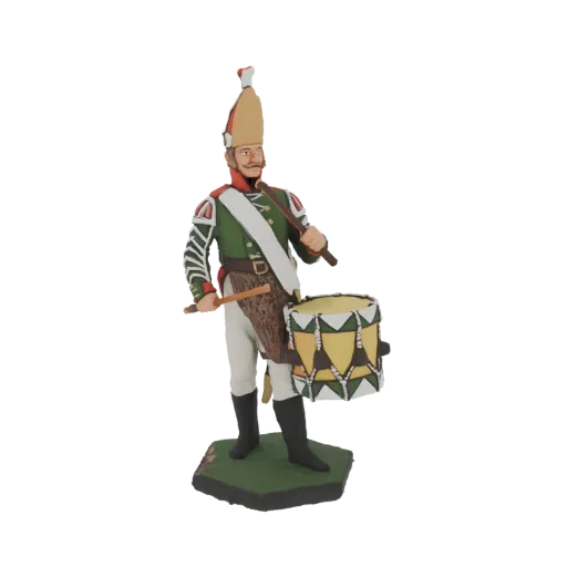 3D-Modell einer napoleonischen Trommlerfigur in Uniform, die Trommelstöcke hält und neben einer Trommel auf einer grünen Basi