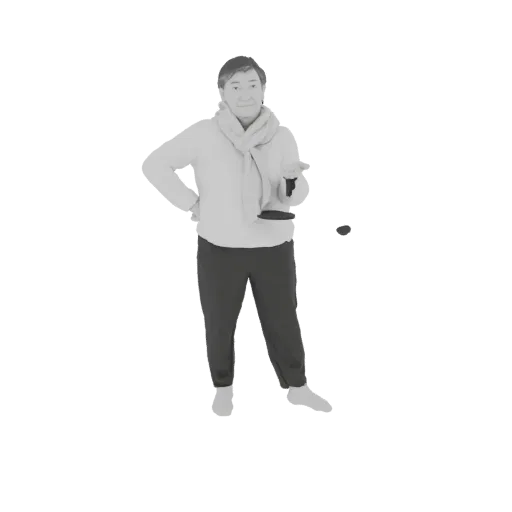 Rendering del modello 3D di una persona con sciarpa e vassoi, raffigurata in scala di grigi.