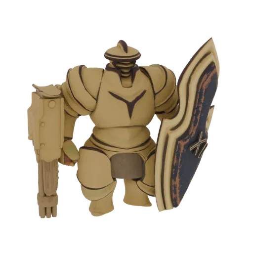 3D model of a fantasy golem with a large shield on its left arm and a hammer in its right hand, rendered against a white back