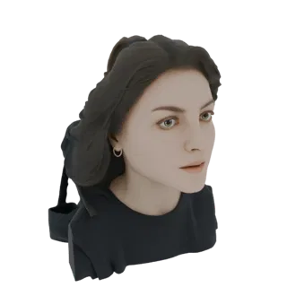 Modelo 3D de mujer joven con cabello largo, oscuro y suelto, vistiendo camiseta oscura y mochila, mirando de lado.