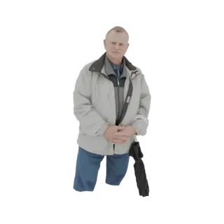 3D-Modell eines älteren Mannes mit kurzen grauen Haaren, beiger Jacke, blauer Hose und einem schwarzen Regenschirm.