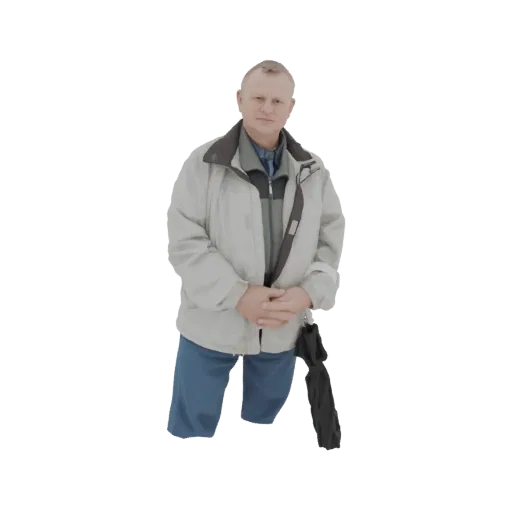 3D-Modell eines älteren Mannes mit kurzen grauen Haaren, beiger Jacke, blauer Hose und einem schwarzen Regenschirm.
