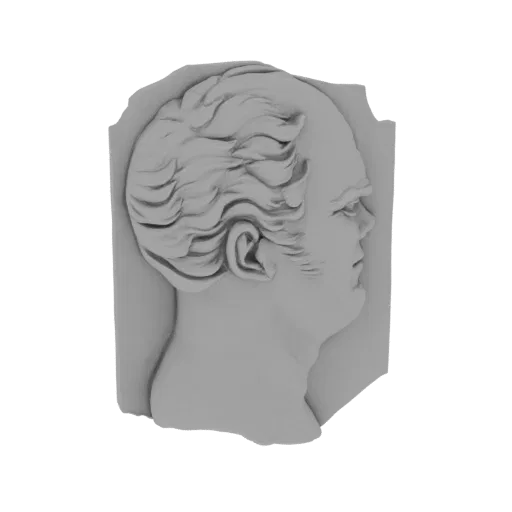 Buste modèle 3D de Konstantin Tsiolkovski, montrant son profil avec des détails de cheveux et de traits faciaux.