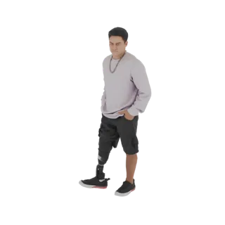 Modelo 3D de un hombre joven con pierna protésica, vistiendo sudadera morada y shorts negros, de pie con confianza y manos en