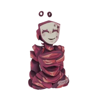 3D model of a joyful masked character with a segmented red body and a white mask with rosy cheeks.