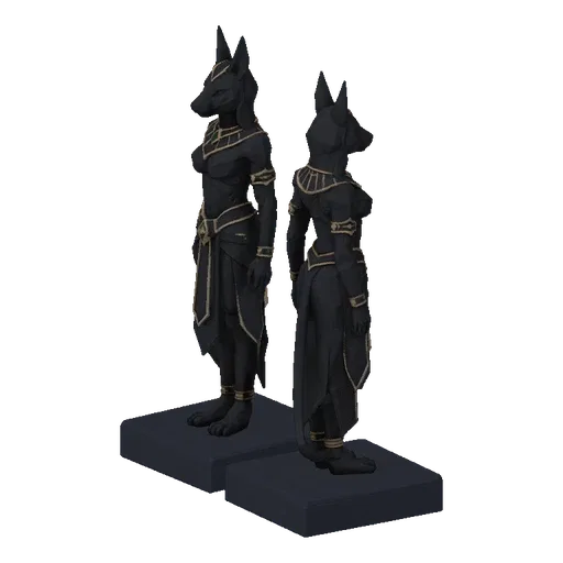 3D model render of two black Egyptian Anubis warrior statues with gold accents, standing on dark bases.