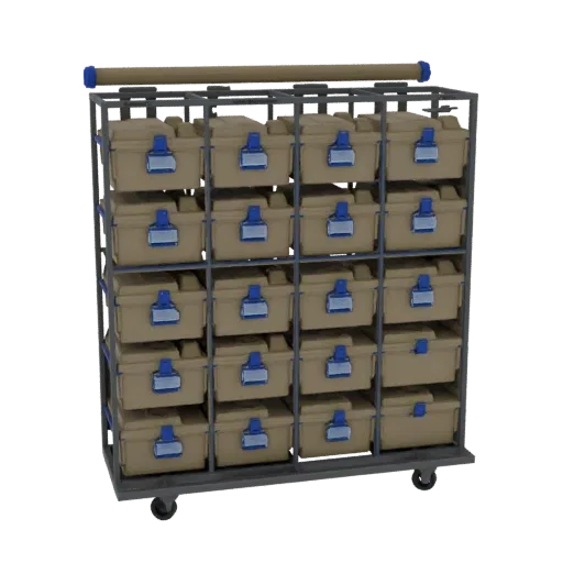 3D model of an industrial storage cart filled with 20 tan cases, showing a metallic grey frame and blue latches on the cases.