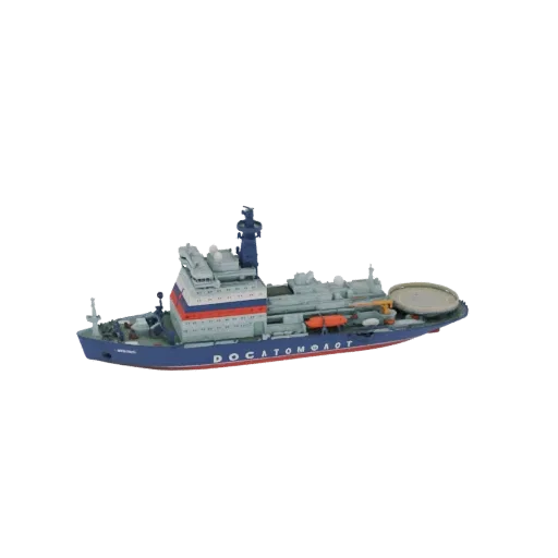 3D model of a blue and white Arktika-class nuclear icebreaker with Russian flag colors on the superstructure, set against a b