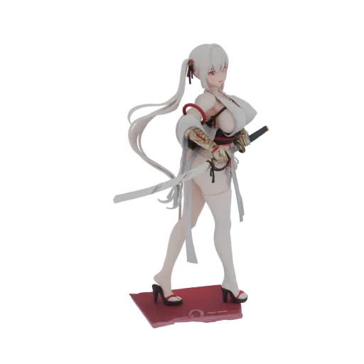 Modello 3D di una guerriera samurai femminile in posa dinamica, con katana, capelli bianchi e abiti tradizionali giapponesi.