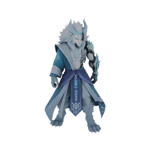 3D model of an Arctic Beast Warrior with a lion-like head, white fur, blue robes, and icy armor, standing against a black bac