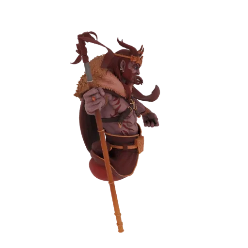 3D model of a Crimson Djinn with a regal headdress, fur-lined cape, and a staff, with its lower body dissolving into smoke.