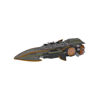 Side view of a sleek, futuristic space cruiser 3D model with a sharp, pointed nose and orange accents along the hull and engi