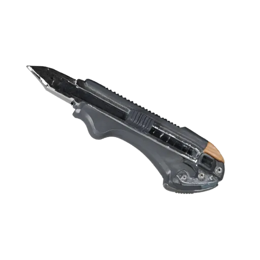 Precision Utility Knife Stylized 3D model, stylized isometric render, showing painted metal, clear grip zones.