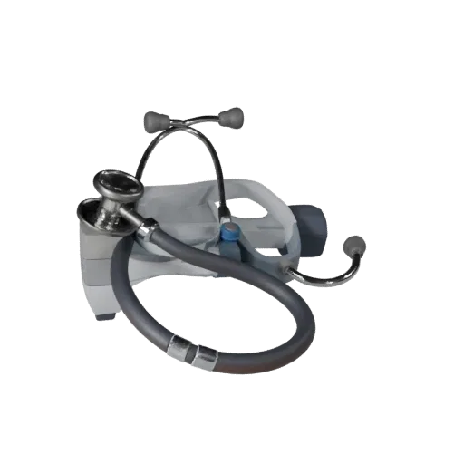 Diagnostic Stethoscope Stylized 3D model, stylized isometric render, showing stainless steel, handheld tool scale.