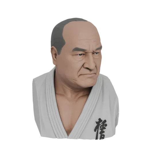 3D model render of a stern-faced Karate Master bust wearing a white gi with a black kanji symbol.
