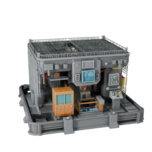 Assembly Robot Cell Low Poly 3D model, game viewport three-quarter view, showing painted steel, machine stations.