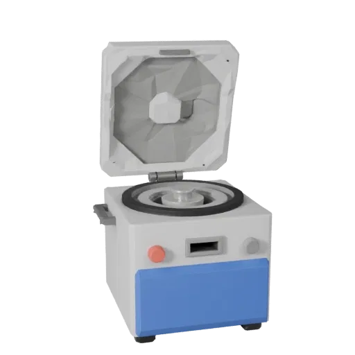 Biology Centrifuge Low Poly 3D model, game viewport three-quarter view, showing glass, recognizable lab forms.