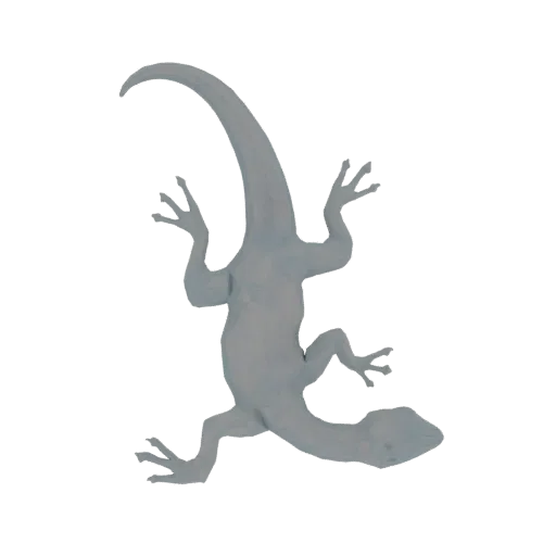Un modelo 3D de lagarto geométrico low-poly azul pálido visto desde arriba contra un fondo negro.