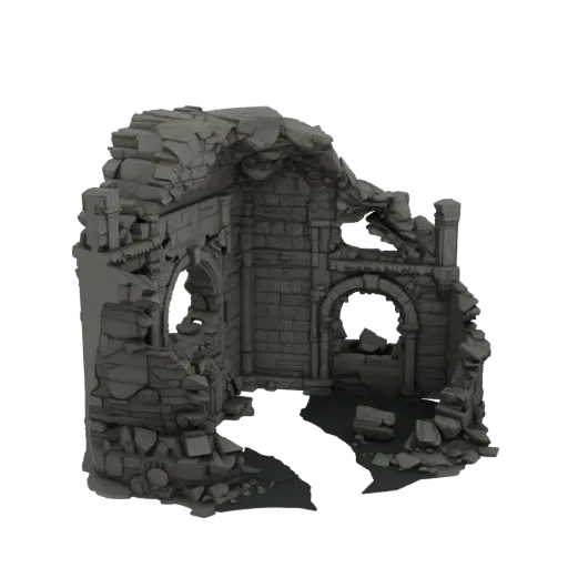 Flooded Ruin Interior Printable 3D model, isometric tabletop STL render, showing aged stone, built remnants.
