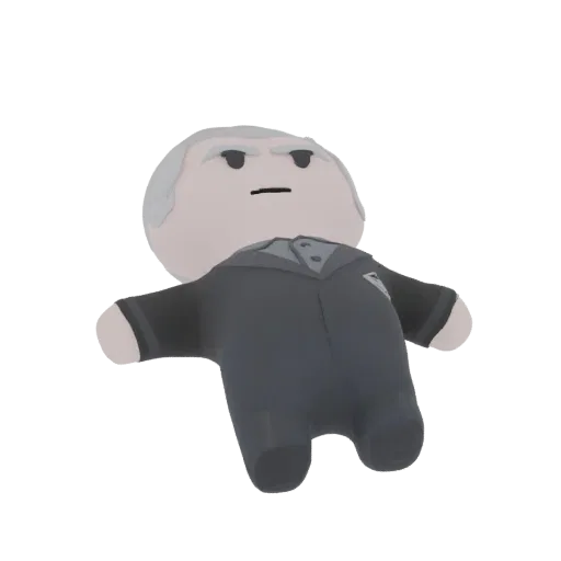 3D model of a grumpy old man plush toy wearing a suit, with a round head, furrowed brows, and a displeased expression.