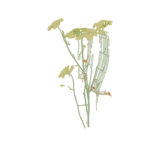 3D render of an abstract floral branch with light yellow petals and green stems against a black background.