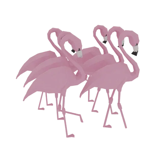 A 3D render of a flock of low-poly pink flamingos against a black background.