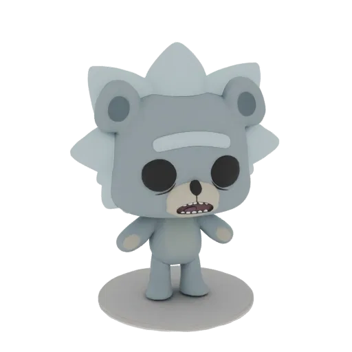 3D model of a bear character with Rick Sanchez's signature hairstyle and expression, standing on a circular base.