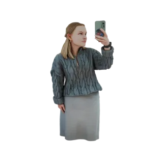 3D-Modell einer jungen Frau in einem grauen Zopfstrickpullover und Rock, die ein Smartphone zum Machen eines Selfies hält.