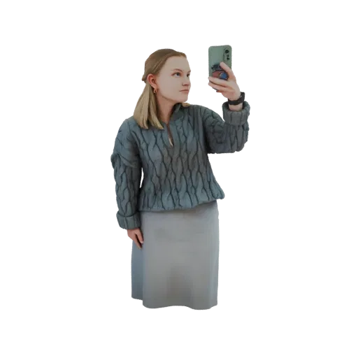 3D model of a young woman in a grey cable knit sweater and skirt, holding a smartphone to take a selfie.