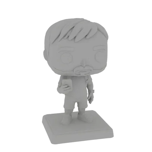 Renderizado de modelo 3D de un hombre estilizado estilo Funko Pop, sosteniendo un smartphone y parado sobre una base cuadrada