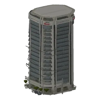 3D model of a modern curved office building with glass facade and an attached brick structure, set against a white background