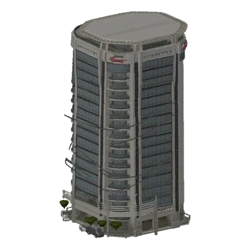 3D model of a modern curved office building with glass facade and an attached brick structure, set against a white background