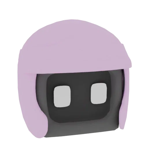 Modèle 3D de casque robot mignon avec visière rose et yeux carrés gris sur fond noir.
