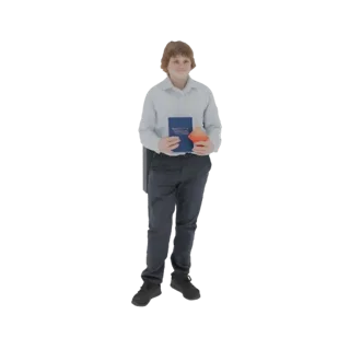Modelo 3D de um jovem de camisa azul clara e calça escura, segurando um livro azul e um objeto laranja, em pé contra um fundo