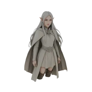 Modello 3D di un'elegante strega elfica con lunghi capelli argentati, che indossa una veste e un mantello di colore chiaro, c
