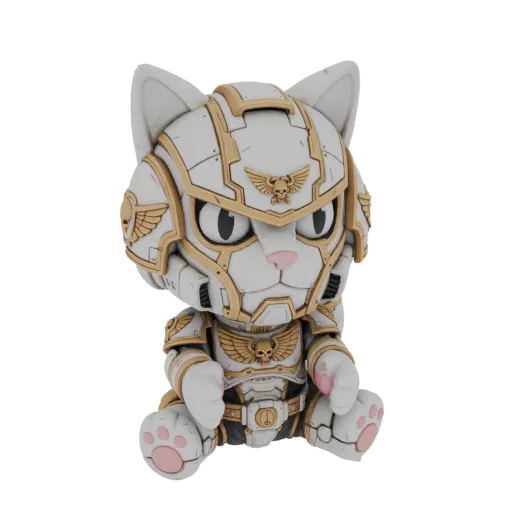 A 3D render of a cute chibi cat wearing white and gold Space Marine armor, sitting and looking forward.