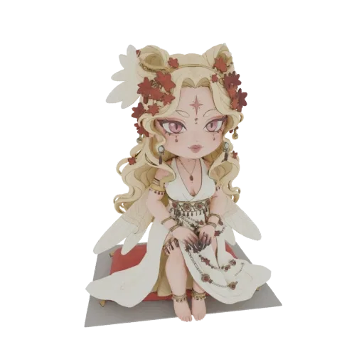 3D model of a beautiful fairy queen with blonde hair, pink eyes, white dress, red flowers, and golden jewelry, sitting on a red cushion.