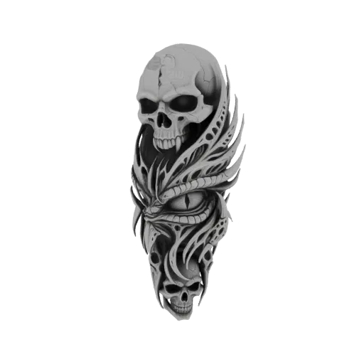 3D model of a gothic design featuring skulls, a central eye, and intricate, flowing dark art elements.