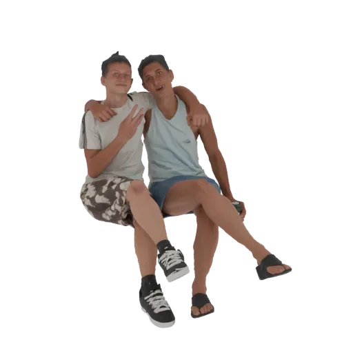 3D model of two young male friends sitting closely together with arms around each other, wearing casual summer clothes.