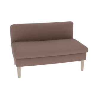 A 3D render of a modern taupe loveseat with a minimalist design and light-colored tapered wooden legs, set against a white ba
