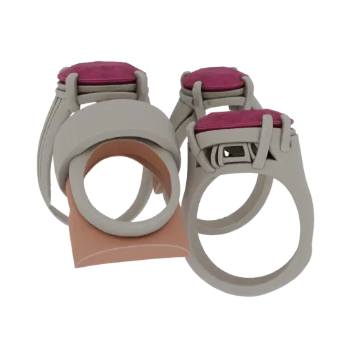 Ruby Ring collectible detail 3D model, front view studio render, with calibrated ring silhouette and material reads.