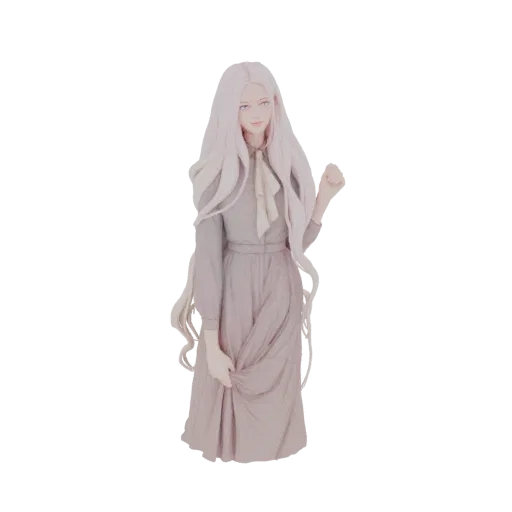 3D model render of an elegant woman with long, flowing light-colored hair and a modest dress, holding the hem of her skirt.
