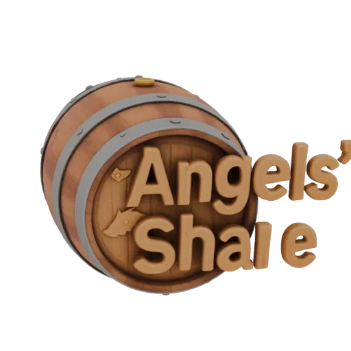 3D model of a wooden barrel with "Angel's Share" inscription and angel wings